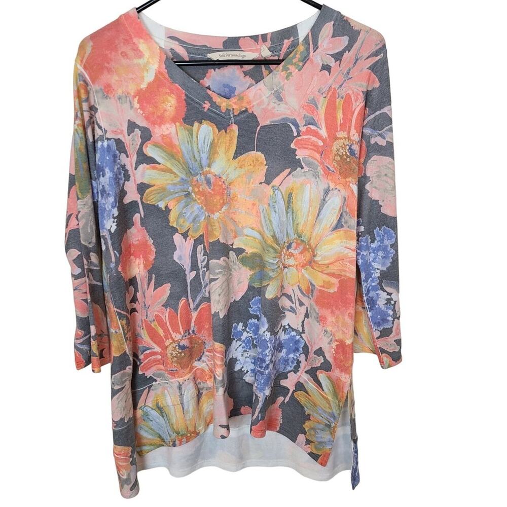 Soft Surroundings Womens Floral V-Neck Sweater Size PM Cottagecore Coastal Boho